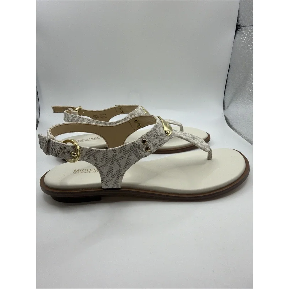 Michael Kors MK Plate Thong Sandals Women 7.5 Vanilla Mini MK Logo. New